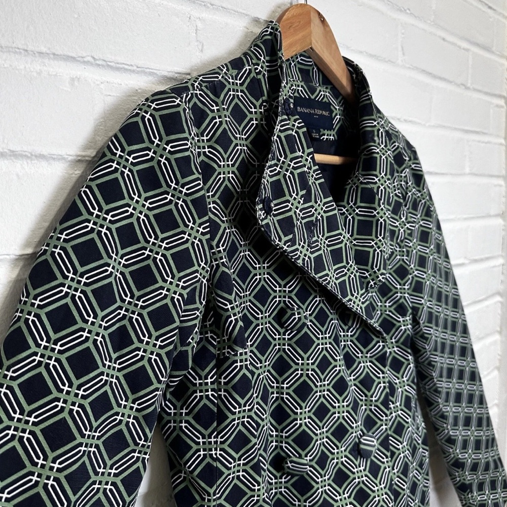 BANANA REPUBLIC | Chic Green & Blue Geometric Patterned Trench Coat | Size PS - Picture 2 of 7